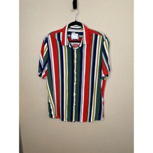Cactusman By Ricky Singh Mens Red Green Stripe Short Sleeve Button-Up Shirt XL